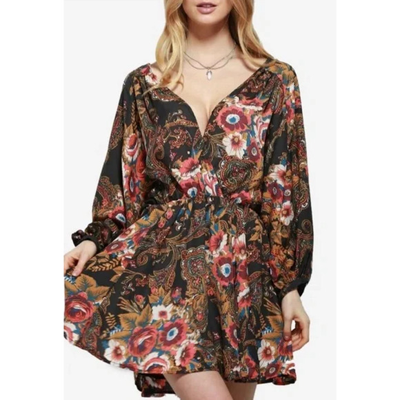 Free People Brown Red Floral Surplice Long Sleeve Boho Dress Womans Size Medium - Picture 1 of 8